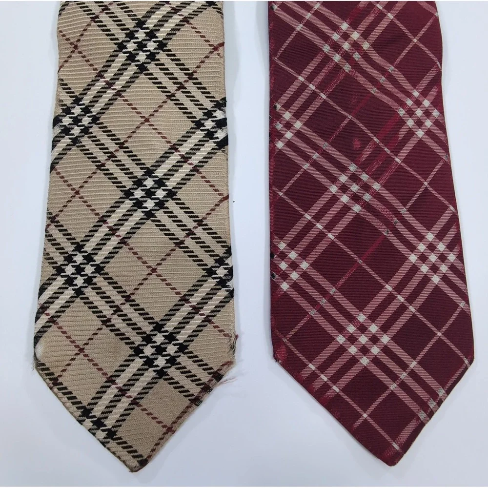 Burberry Mens Neckties Lot 2 OS Tan Red Nova Check Silk AS IS Craft Repair